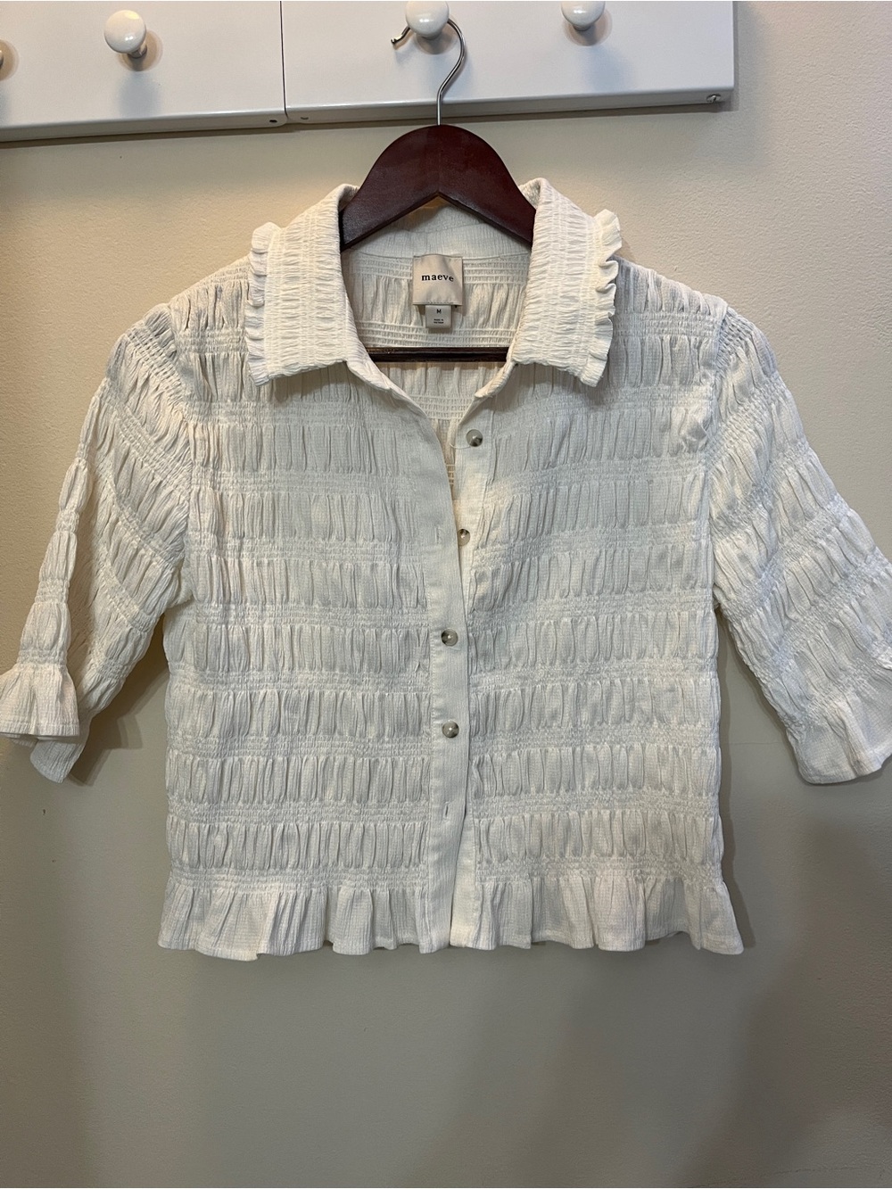 Maeve Cream Textured Ruffle-Trim Button-Down Top